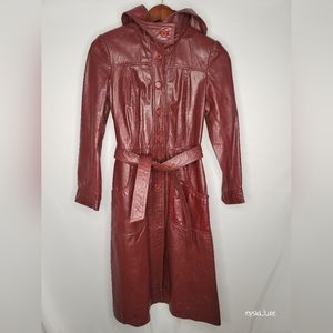 Tannery West Vintage Leather Coat with Hood and Waistbelt; Burgundy; 2